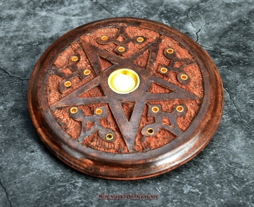 Hexenshop Dark Phönix Runder Holz Räucherstäbchenhalter mit Pentagramm